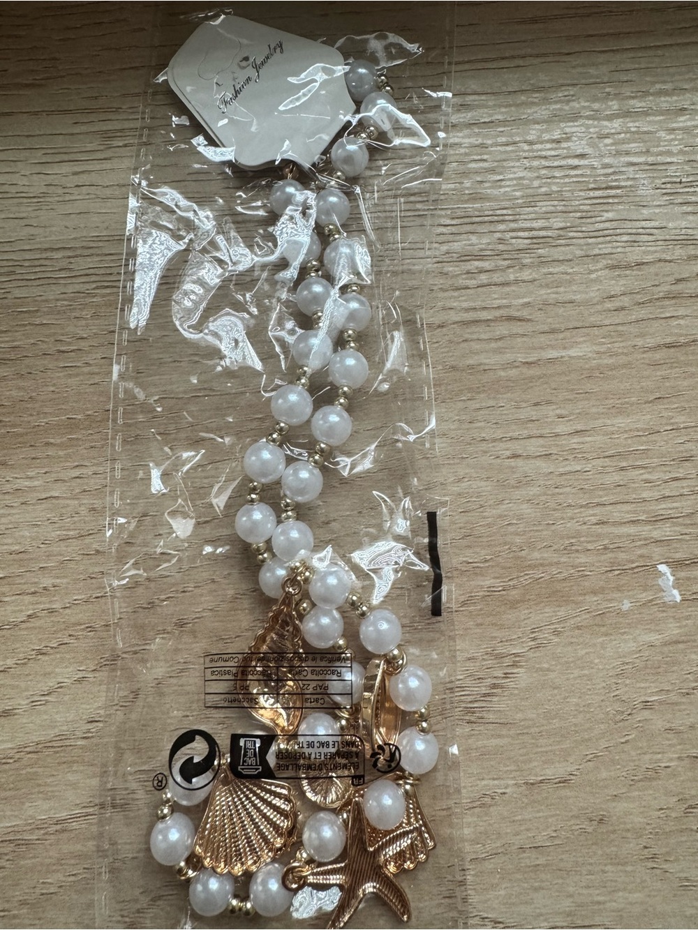 Pearl Charm Necklace with Gold Seashell and Starfish Charms - White